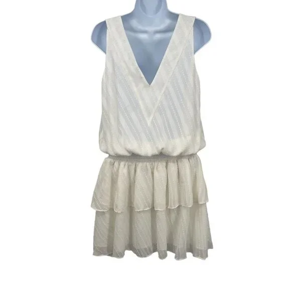 Ramy Brook Carl Deep V-Neck Smocked Tiered Textured Ruffle Mini Dress Ivory - Picture 5 of 11